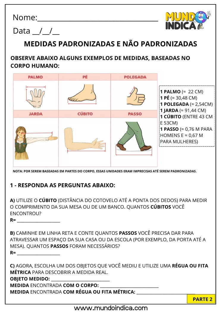 Atividade de Matemática 3º ano sobre Medidas de Comprimento Padronizadas e não Padronizadas para Imprimir