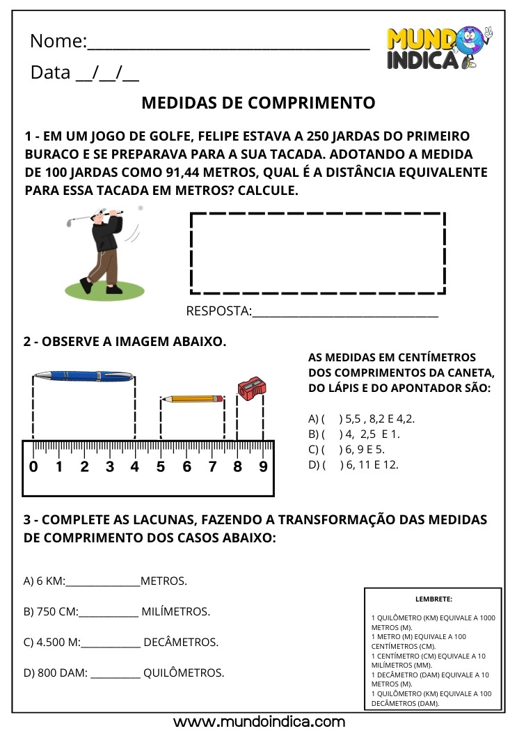 Atividade de Matemática 3º ano sobre Medidas de Comprimento com Cálculo de Jardas no Golfe, Centímetros dos Itens na Régua e Transformação de Medidas