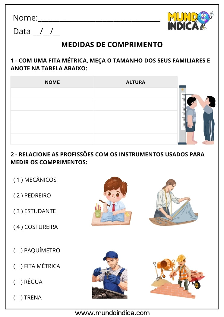 Atividade de Matemática 3º ano sobre Medidas de Comprimento com Fita Métrica para Medir a Altura dos Familiares e Relacionar os Instrumentos à Profissão
