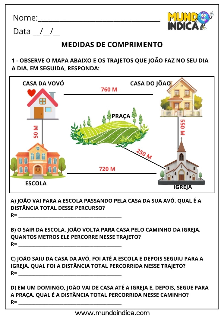 Atividade de Matemática 3º ano sobre Medidas de Comprimento com Mapa e Trajeto para Calcular a Distância