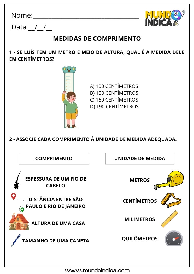 Atividade de Matemática 3º ano sobre Medidas de Comprimento e Unidades de Medida Metros, Centímetros, Milímetros, Quilômetros