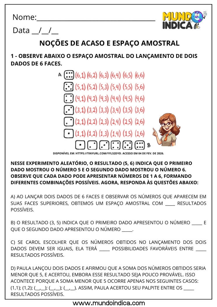 Atividade de Matemática 3º ano sobre Noções de Acaso e Espaço Amostral com Dados
