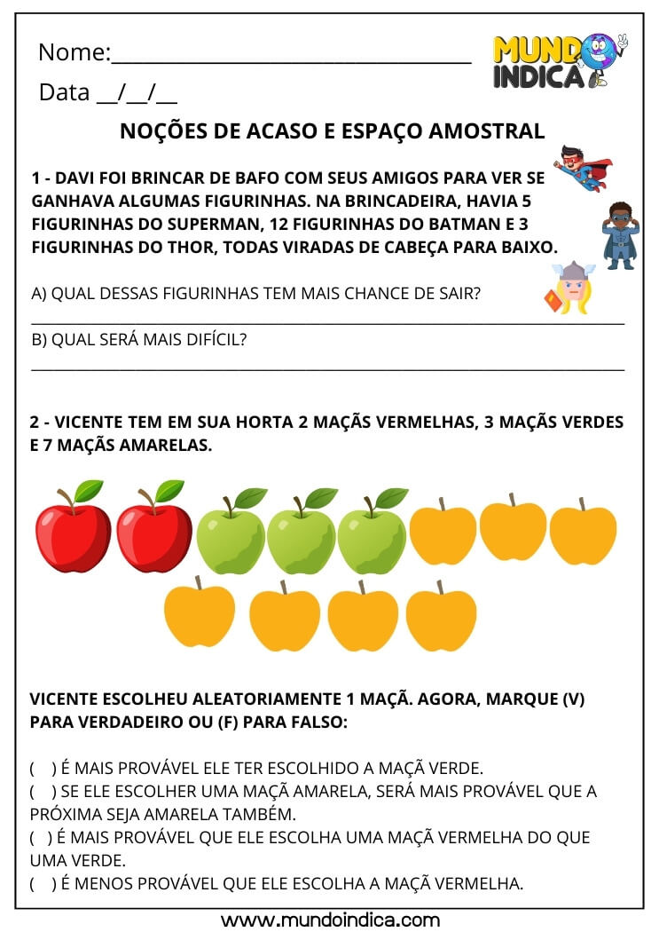 Atividade de Matemática 3º ano sobre Noções de Acaso e Espaço Amostral com Figurinhas e Frutas