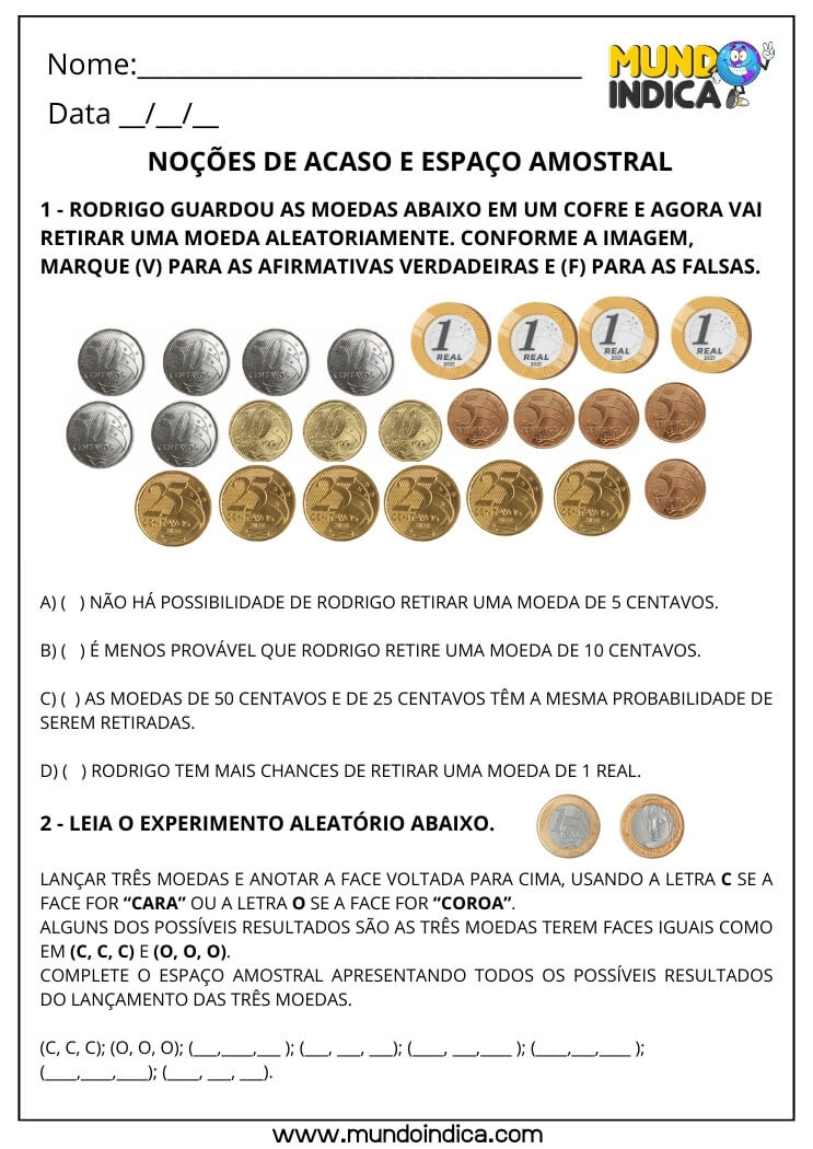 Atividade de Matemática 3º ano sobre Noções de Acaso e Espaço Amostral com Moedas Cara e Coroa