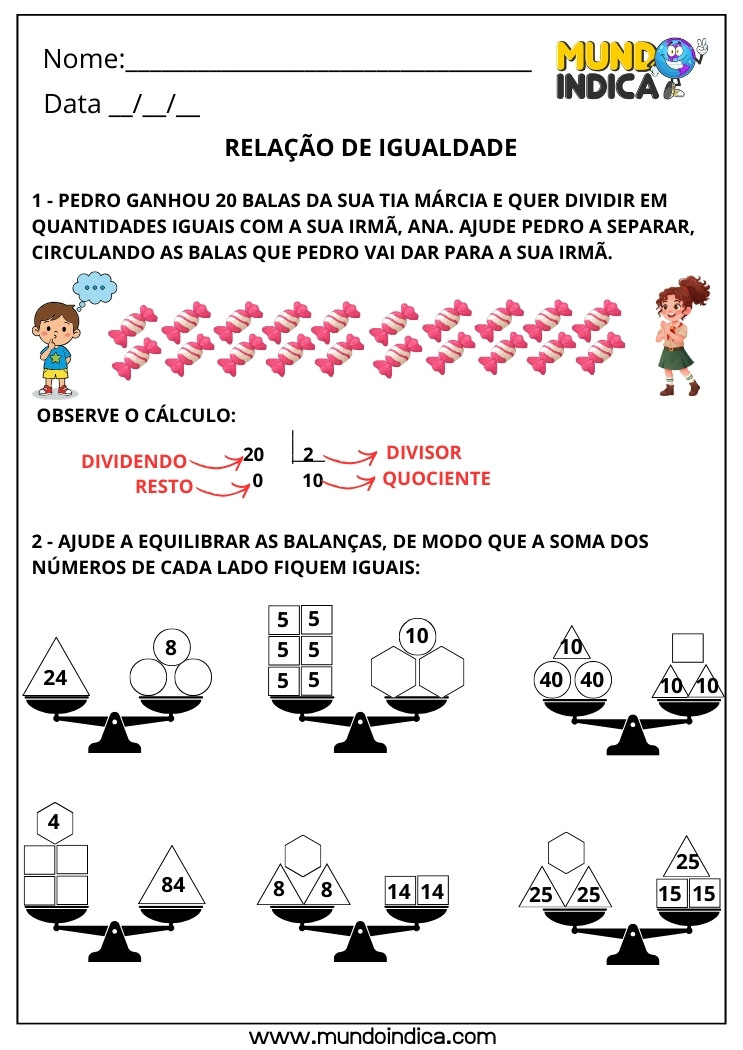 Atividade de Matemática 3º ano sobre Relação de Igualdade na Divisão e Balanças
