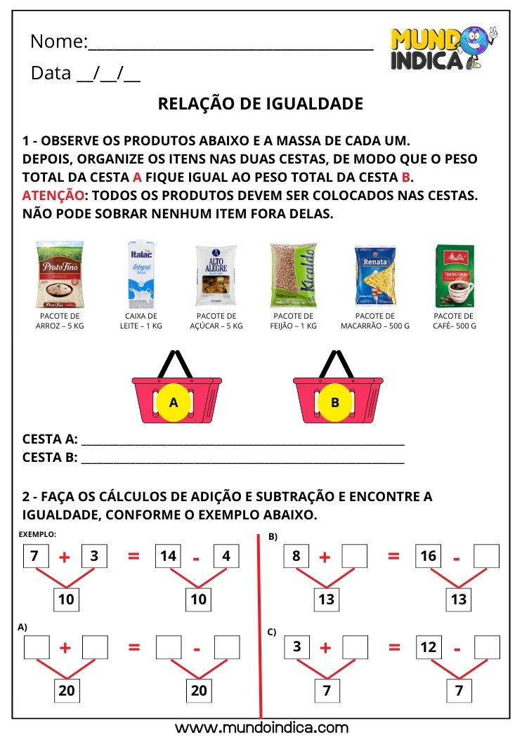 Atividade de Matemática 3º ano sobre Relação de Igualdade nas Medidas de Massa e Adição e Subtração