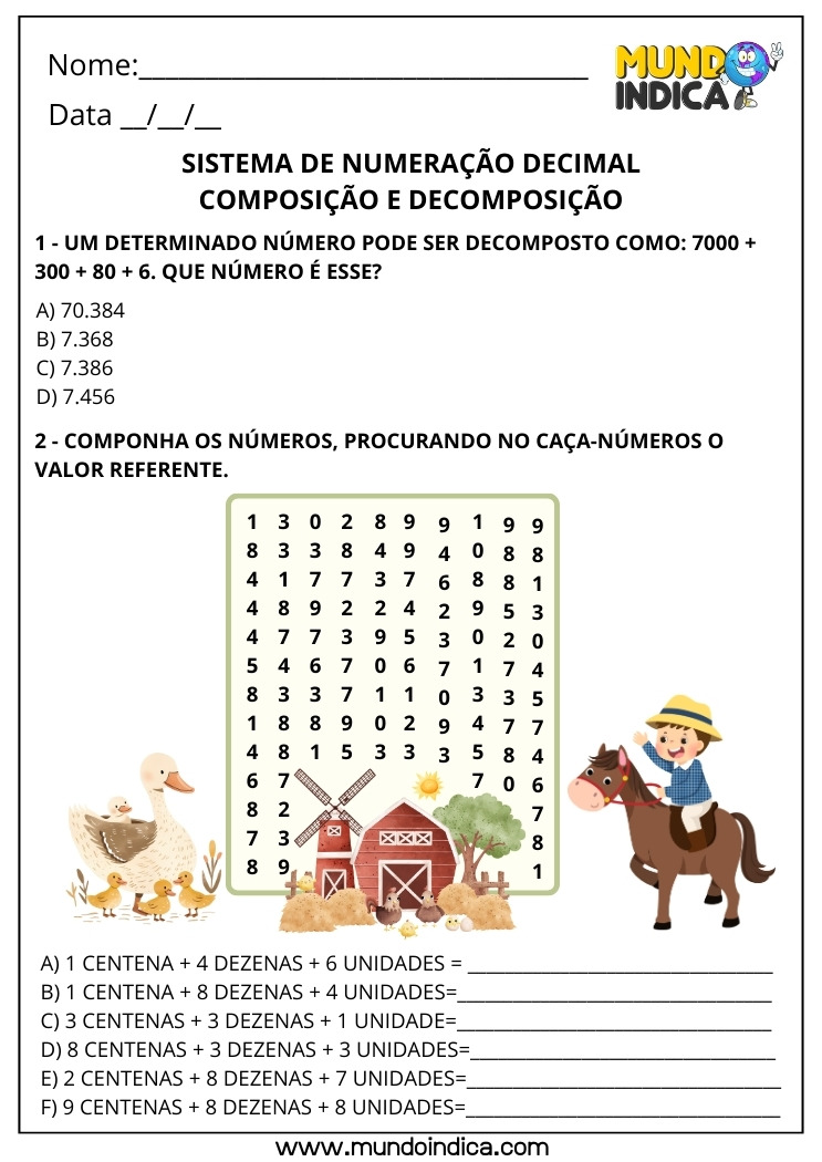 Atividade de Matemática 3º ano sobre Sistema de Numeração Decimal com Decomposição e Composição no Caça-números
