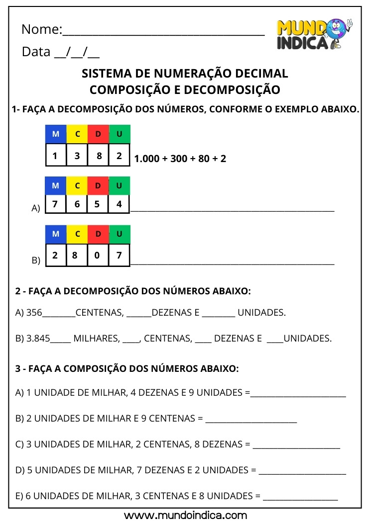 Atividade de Matemática 3º ano sobre Sistema de Numeração Decimal com quadros de valor posicional (M, C, D, U), Decomposição e Composição