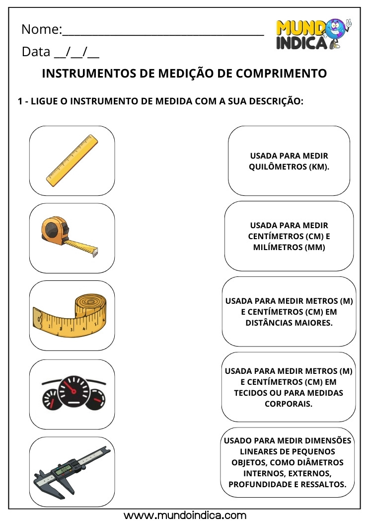 Atividade de matemática 3º ano com instrumentos para medir comprimento como régua, fita métrica e outros
