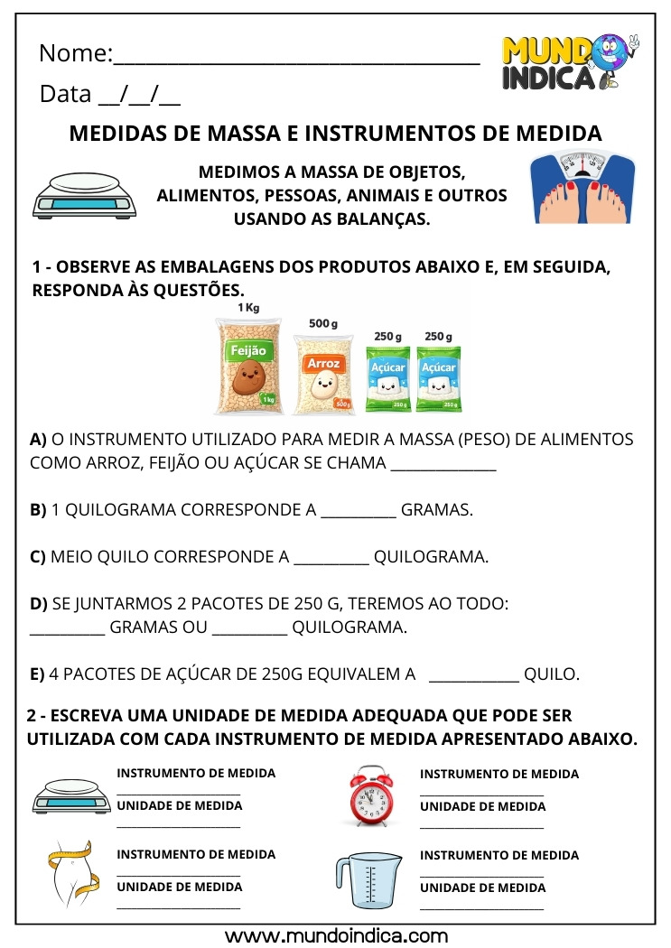 Atividade de matemática 3º ano sobre instrumendos de medidas de capacidade, comprimento, massa e tempo
