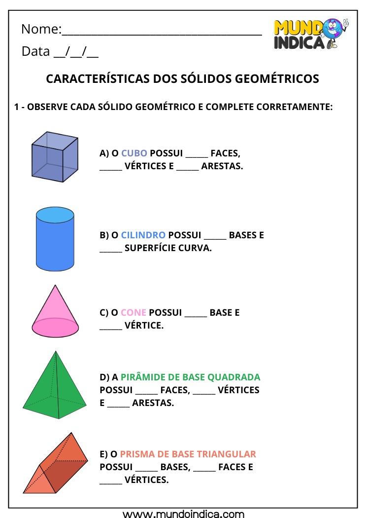 Atividades de Matemática 3º ano sobre as Características dos Sólidos Geométricos