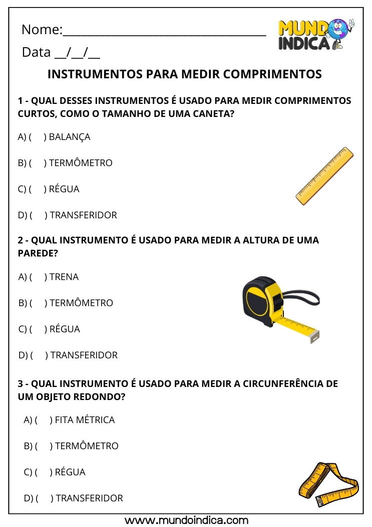 Exercícios de matemática 3º ano sobre instrumentos de medida de comprimento para imprimir
