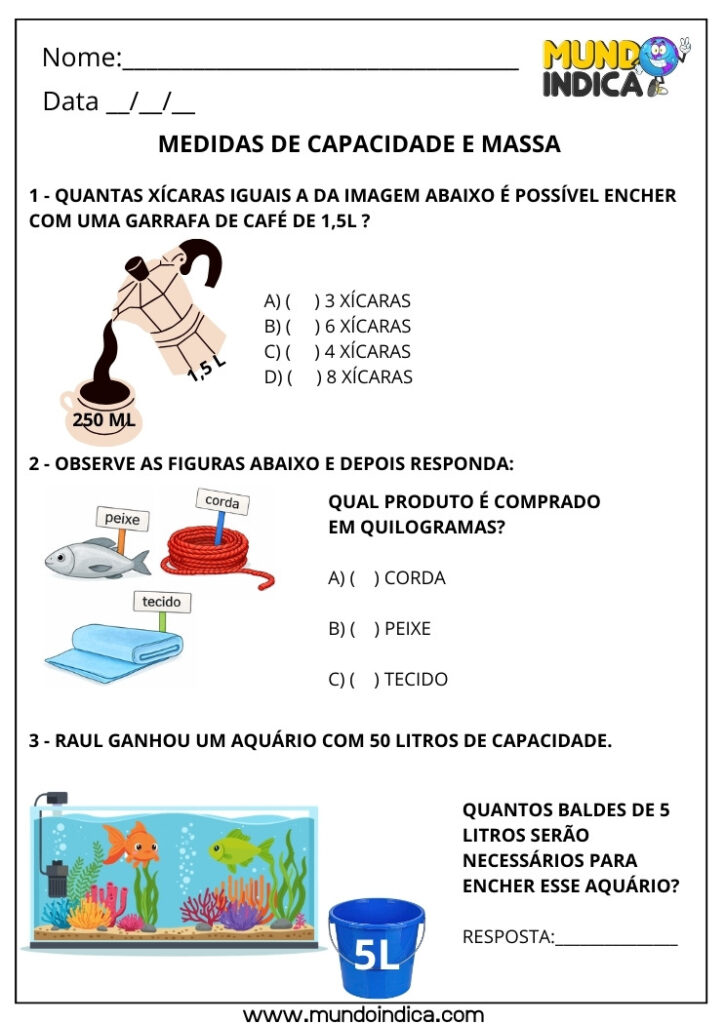 Atividades de Matemática 3º ano sobre Medidas de Capacidade e Massa