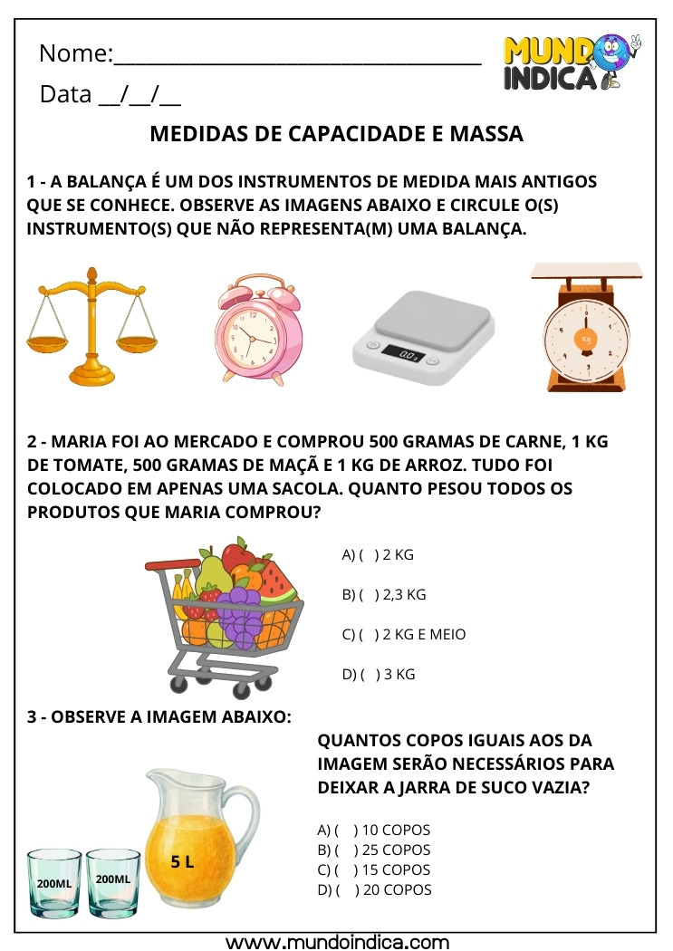 Folha de Atividade de Matemática 3º ano Ensino Fundamental com Exercícios de Medidas de Capacidade e Massa para Imprimir