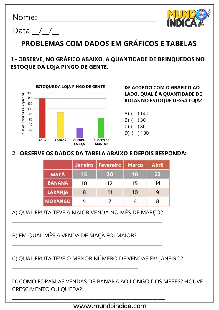 Folha de Atividade de Matemática 3º ano com Problemas Envolvendo Gráfico de Coluna e Tabelas para Imprimir