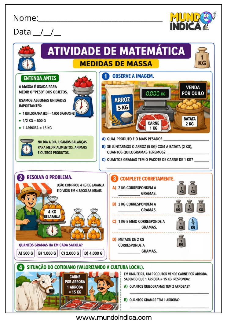 Atividade Completa de Matemática 4º Ano sobre Medidas de Massa com Situações Problema Envolvendo Quilograma e Grama