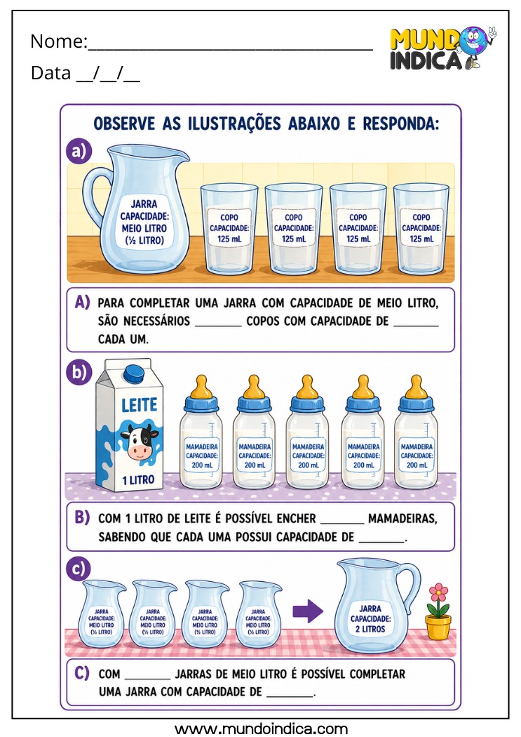 Atividade com Medidas de Capacidade para o 4º Ano com Conversão de Litros e Mililitros BNCC