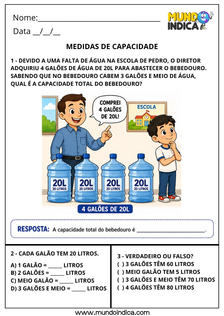 Atividade com Medidas de Capacidade para o 4º Ano com Galões e Litros em Problemas do Cotidiano BNCC