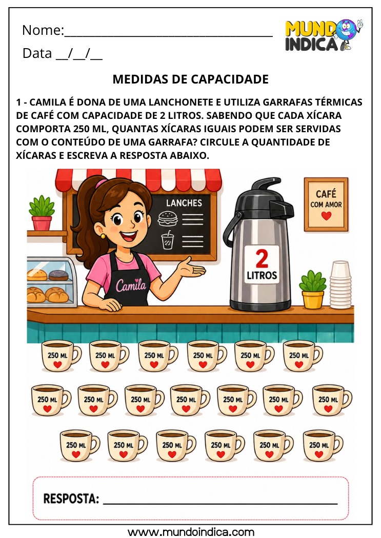 Atividade com Medidas de Capacidade para o 4º Ano com Litros e Mililitros e Divisão de Xícaras BNCC