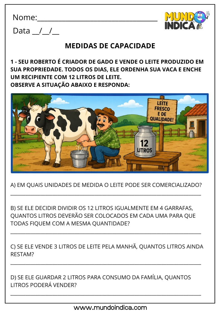 Atividade com Medidas de Capacidade para o 4º Ano com Litros em Situações-Problema BNCC