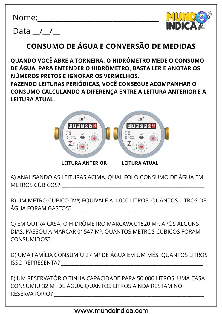 Atividade com Situações-Problema de Matemática para o 4º Ano com Consumo de Água e Conversão de Medidas