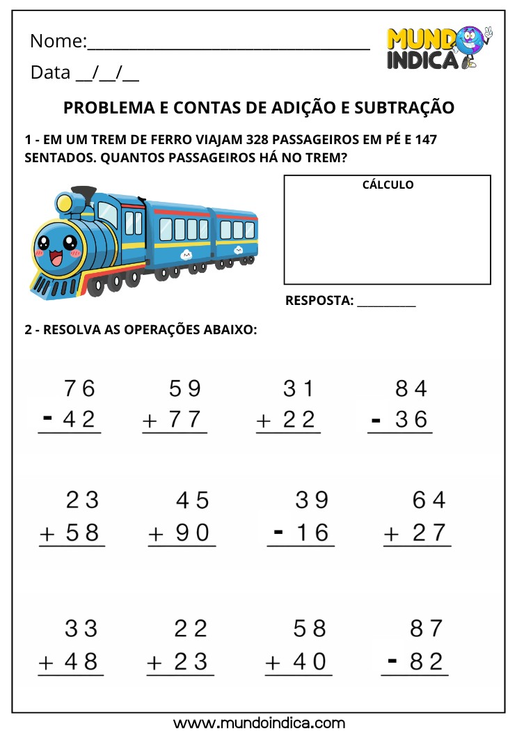Atividade de Adição e Subtração para o 4º Ano com Problema e Contas Armadas para Imprimir