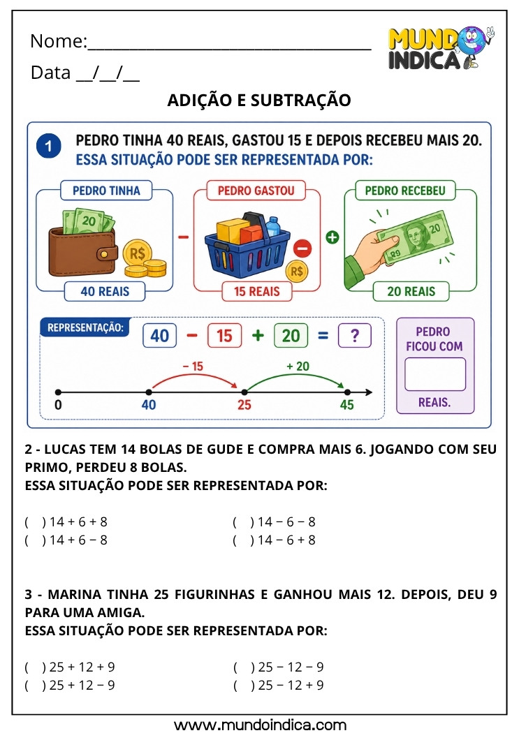 Atividade de Adição e Subtração para o 4º Ano com Situações-Problema e Representação