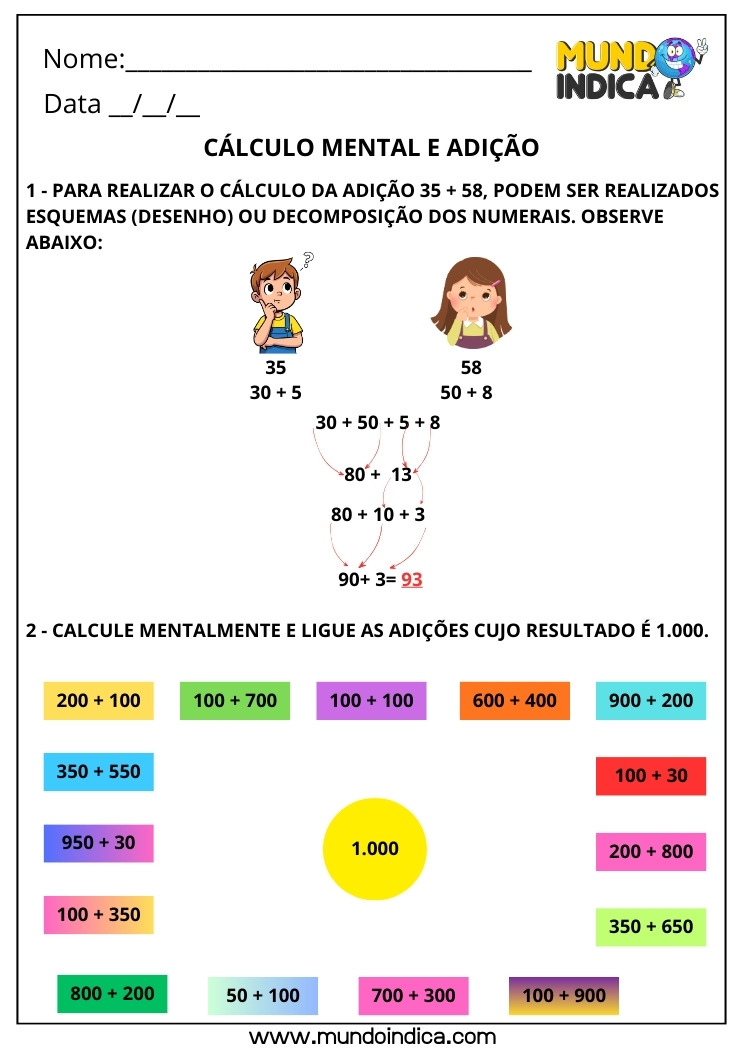 Atividade de Cálculo Mental 3º Ano com Adição e Decomposição para Imprimir