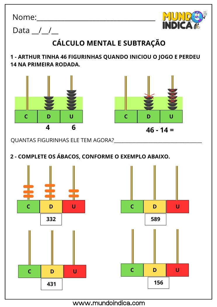 Atividade de Cálculo Mental 3º Ano com Subtração no Ábaco para Imprimir