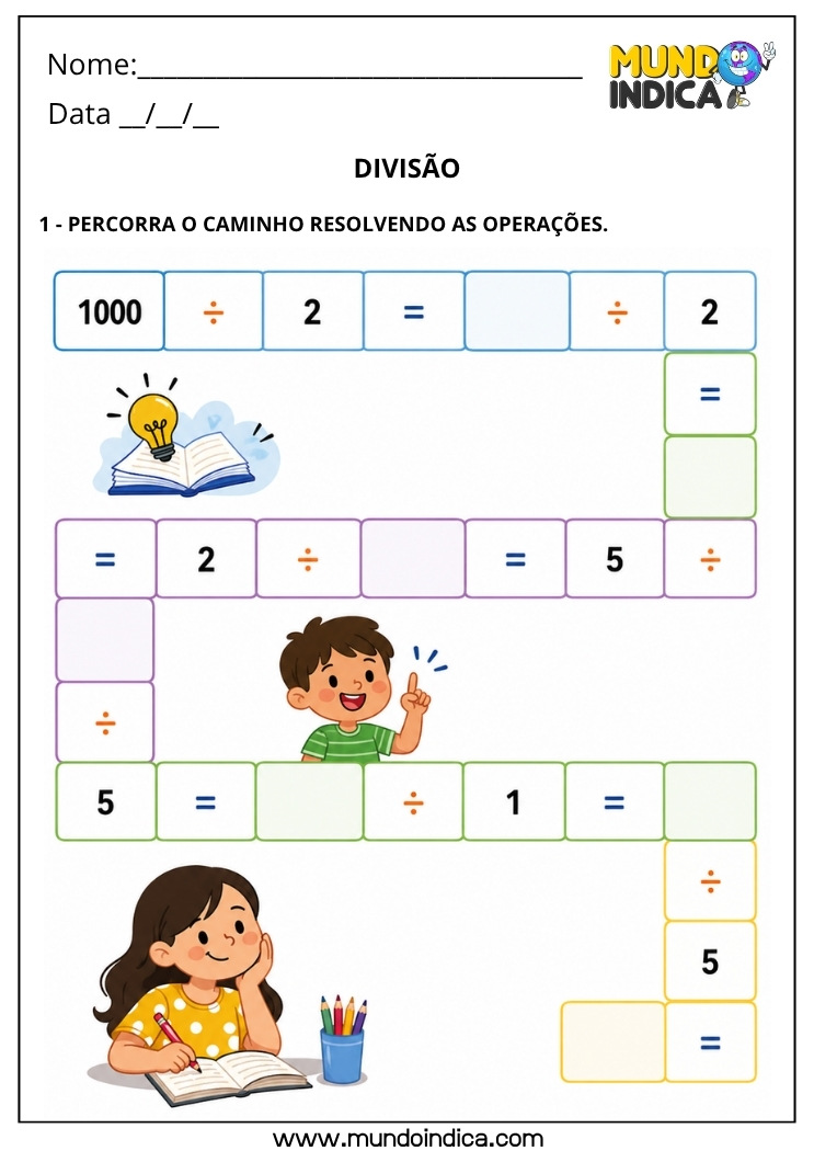 Atividade de Divisão 4º Ano para Imprimir com Percurso Matemático e Raciocínio Lógico (BNCC EF04MA04)