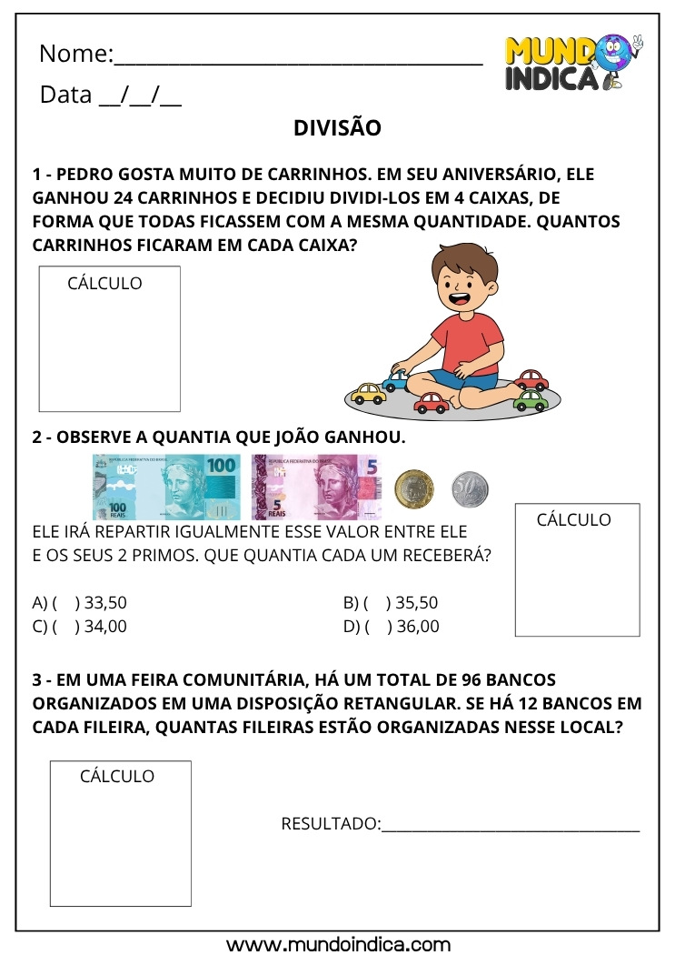 Atividade de Divisão 4º Ano para Imprimir com Problemas de Repartição Equitativa e Dinheiro (BNCC EF04MA07)