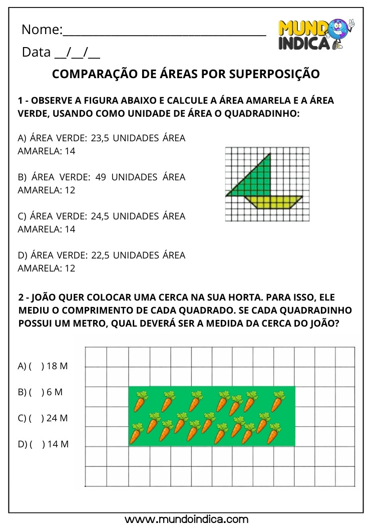 Atividade de Matemática 3º Ano Comparação de Áreas por Superposição Cálculo de Área em Malha Quadriculada e Medida de Perímetro