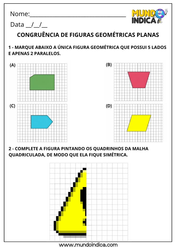 Atividade de Matemática 3º Ano Congruência de Figuras Geométricas Planas com Malha Quadriculada e Simetria para Imprimir