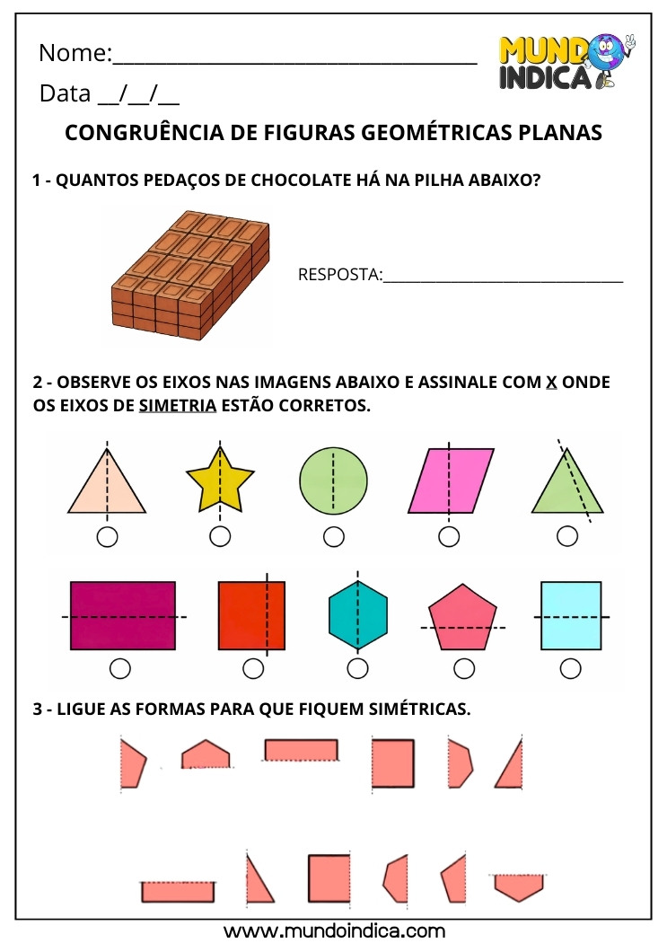 Atividade de Matemática 3º Ano Congruência de Figuras Geométricas Planas com Simetria de Eixos e Associação de Formas para Imprimir