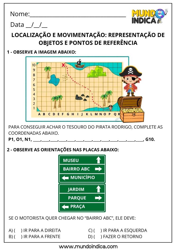 Atividade de Matemática 3º Ano Localização e Movimentação com Coordenadas e Placas de Trânsito