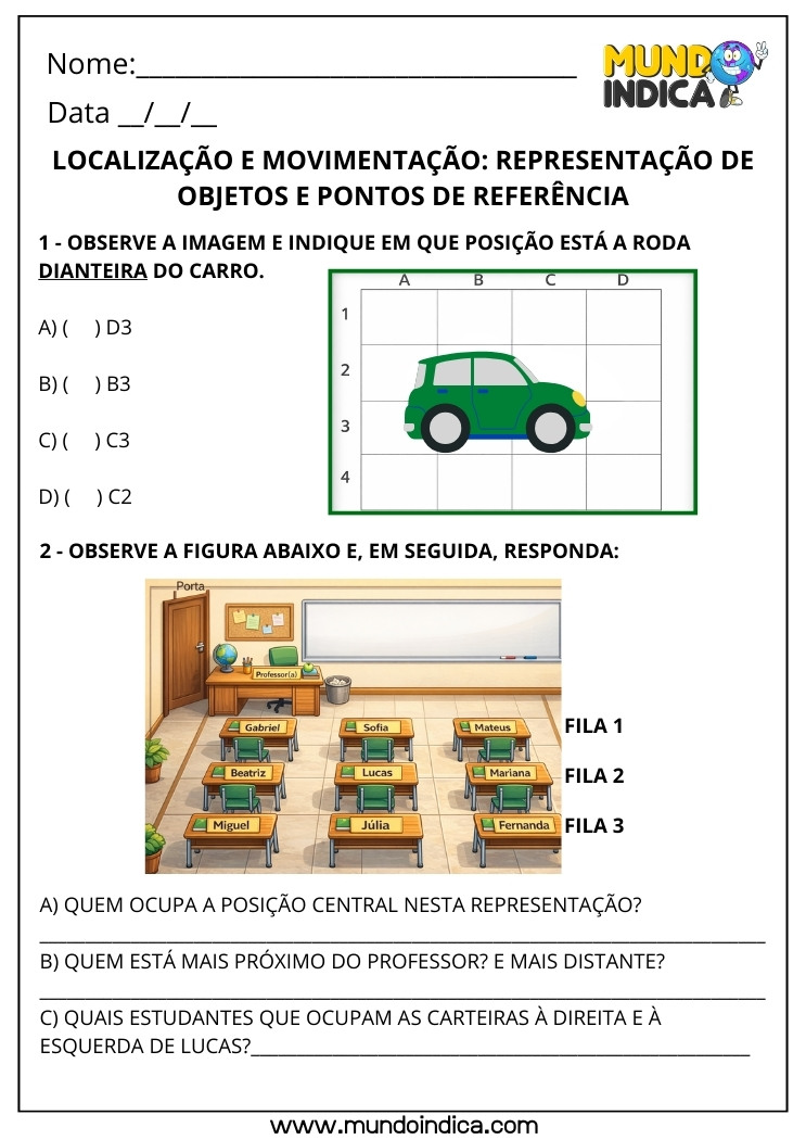 Atividade de Matemática 3º Ano Localização e Movimentação com Coordenadas e Sala de Aula