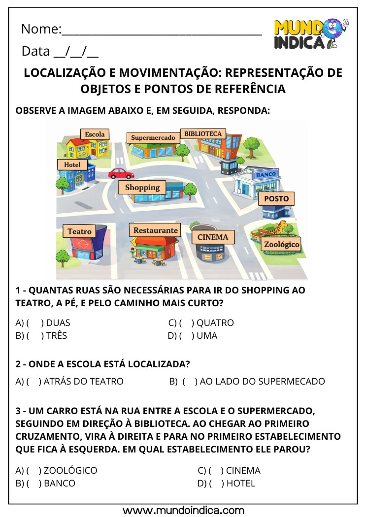 Atividade de Matemática 3º Ano Localização e Movimentação com Mapa da Cidade e Pontos de Referência