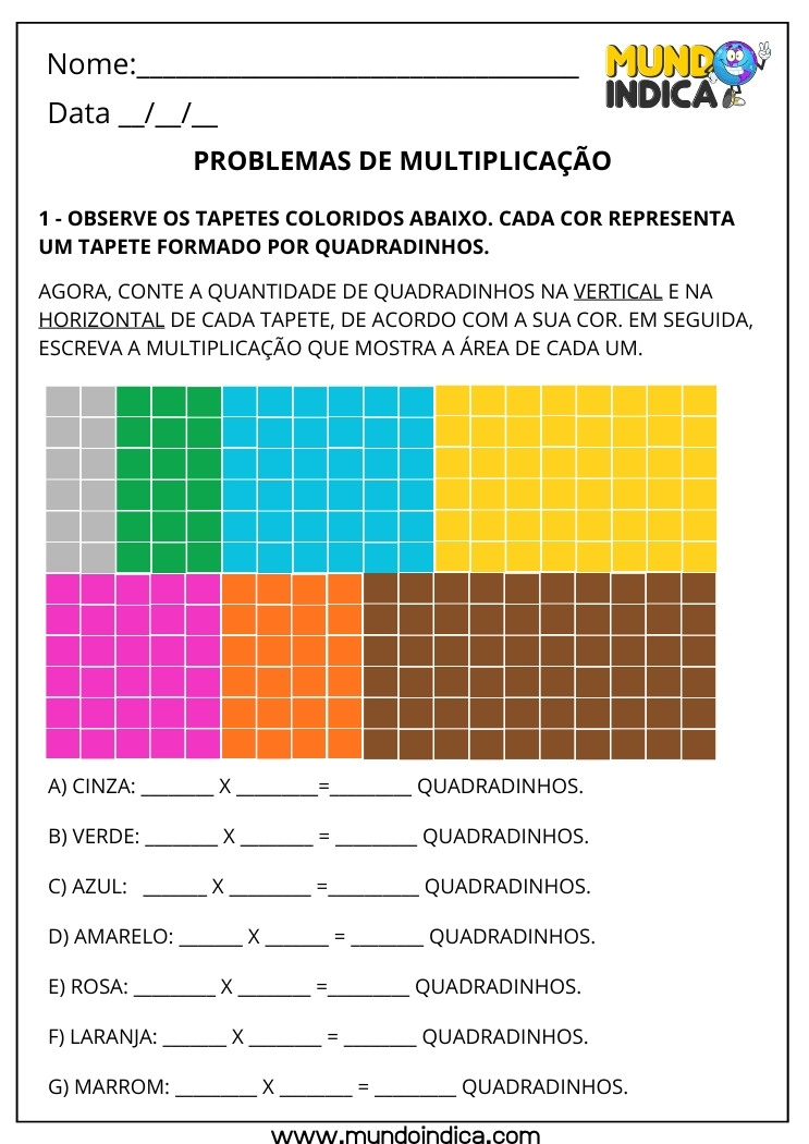 Atividade de Matemática 3º Ano de Multiplicação com Organização Retangular para Imprimir