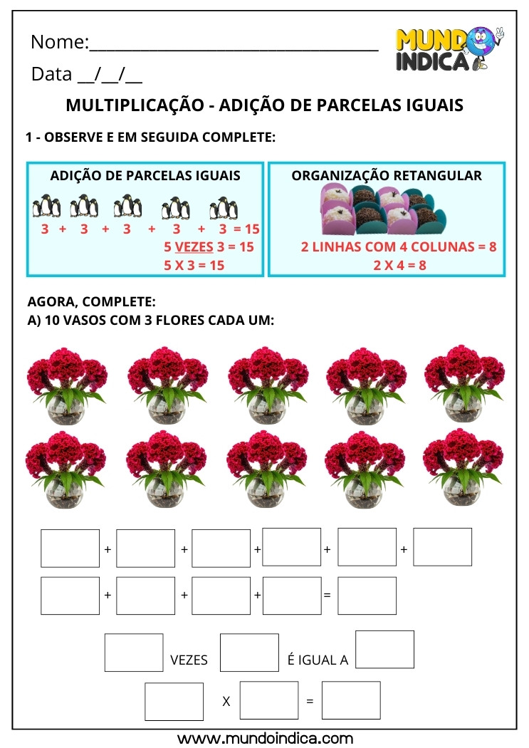 Atividade de Matemática 3º Ano de Multiplicação e Parcelas Iguais para Imprimir