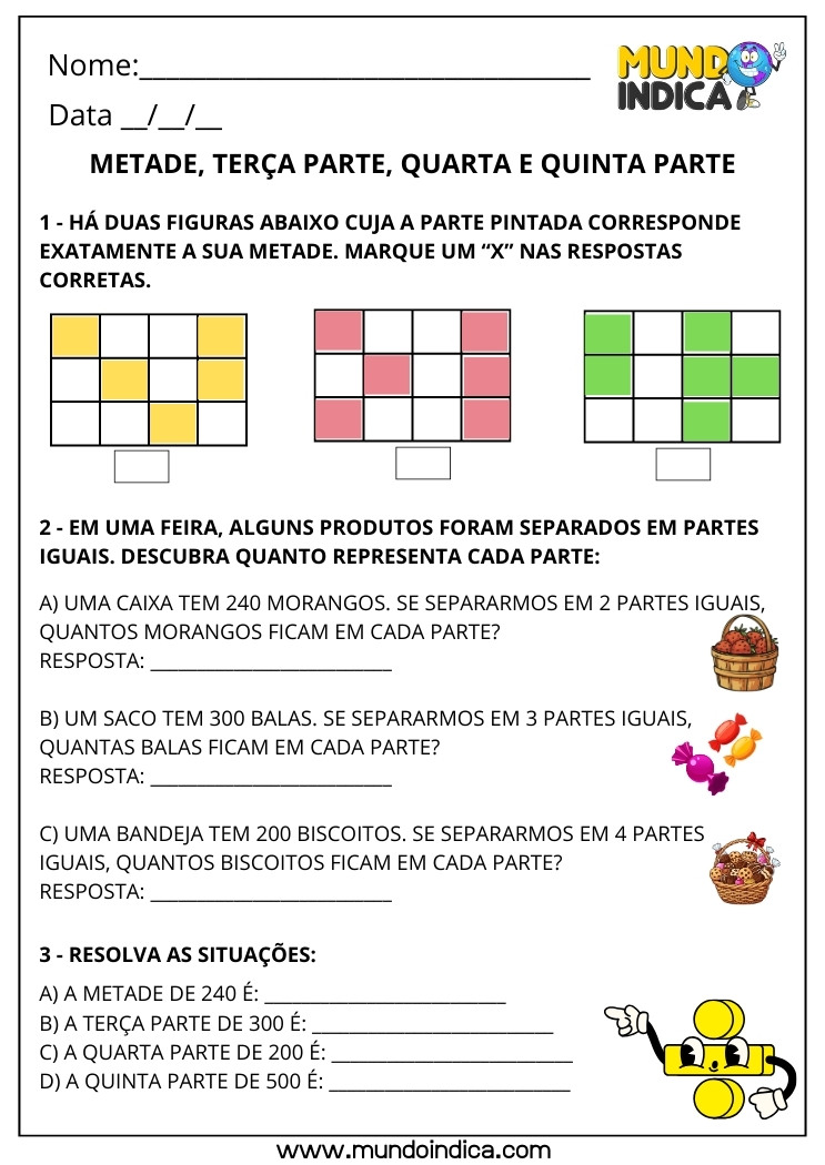 Atividade de Matemática 3º Ano sobre Metade, Terça Parte, Quarta e Quinta Parte para Imprimir