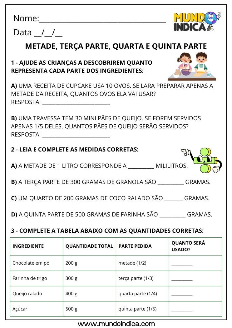Atividade de Matemática 3º Ano sobre Metade, Terça Parte, Quarta e Quinta Parte
