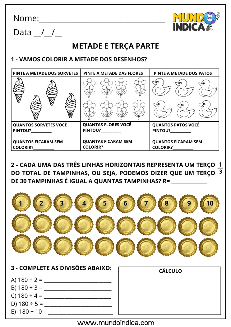 Atividade de Matemática 3º Ano sobre Metade e Terça Parte para Imprimir