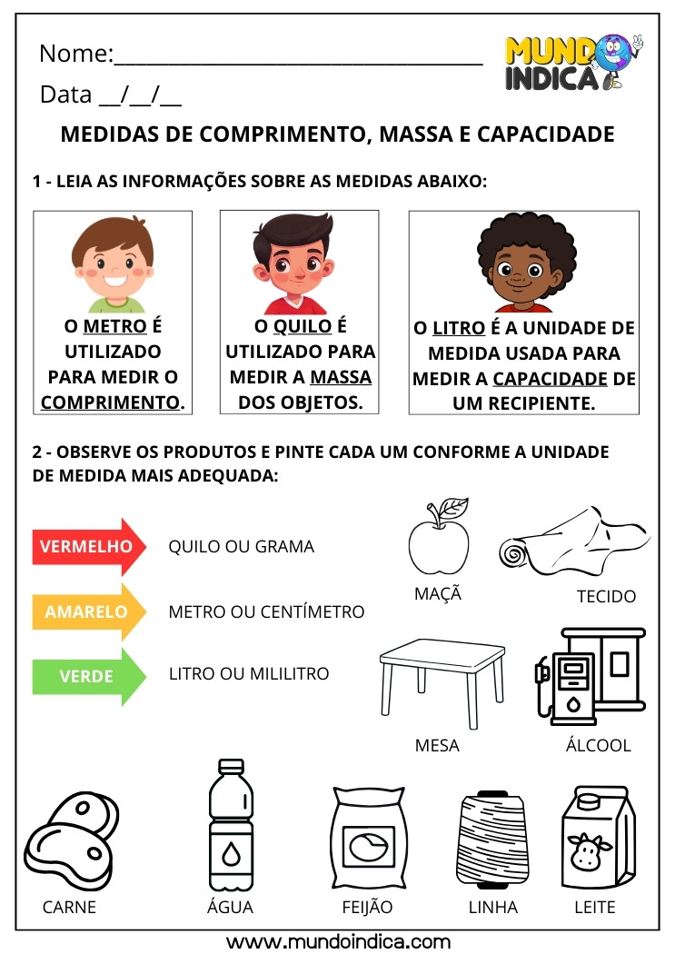 Atividade de Matemática 3º - Medida de Comprimento, Massa e Capacidade