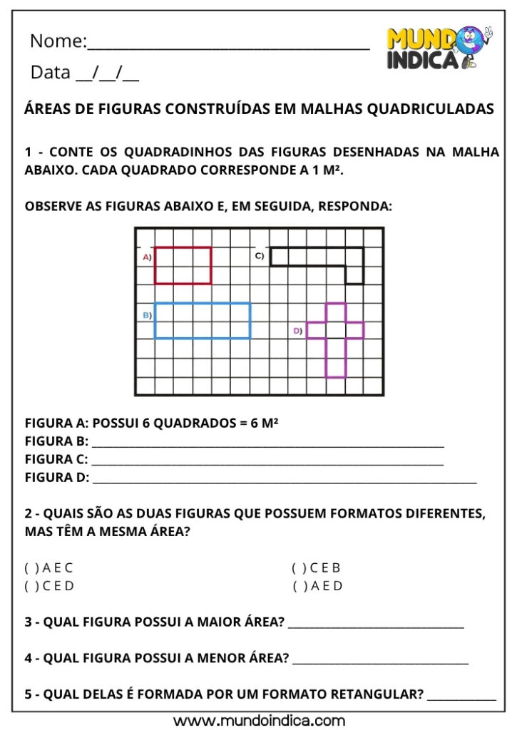 Atividades de Matemática 4º Ano sobre Área em Malha Quadriculada para ...