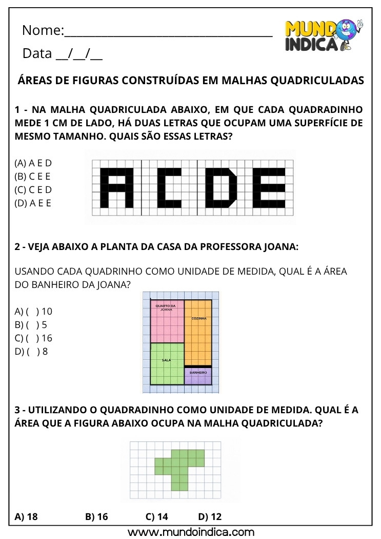 Atividade de Matematica 4 Ano Area em Malha Quadriculada Letras, Planta da Casa e Calculo de Area