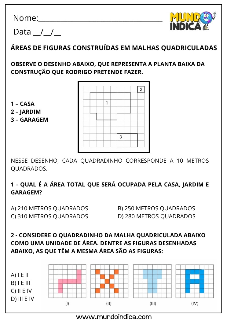 Atividade de Matematica 4 Ano Area em Malha Quadriculada Planta Baixa Casa Jardim Garagem