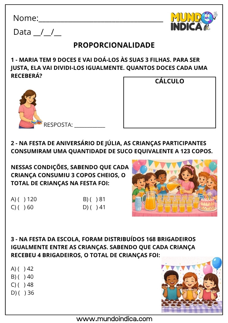 Atividade de Matemática 4º Ano Proporcionalidade com Divisão de Quantidades para Imprimir