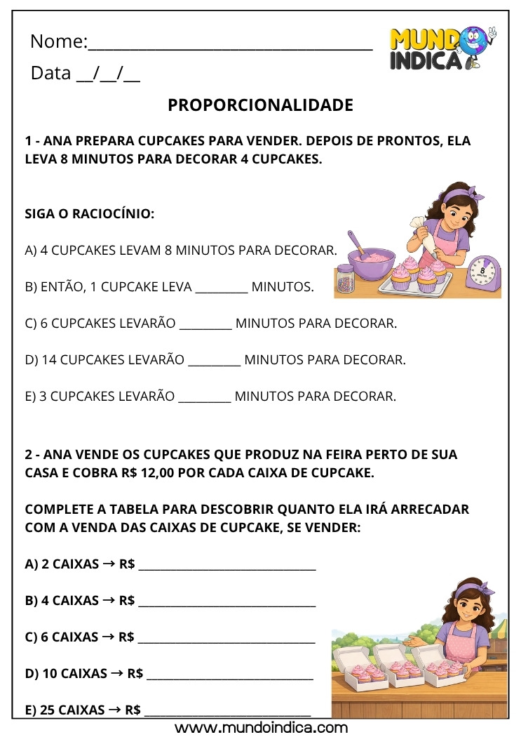 Atividade de Matemática 4º Ano Proporcionalidade com Quantidades de Cupcakes e Cálculo de Valores para Imprimir
