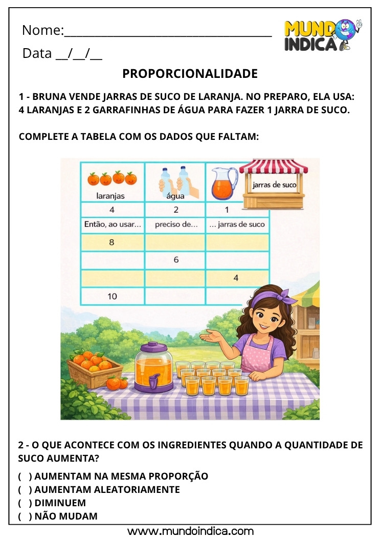 Atividade de Matemática 4º Ano Proporcionalidade com Tabela de Suco de Laranja para Imprimir