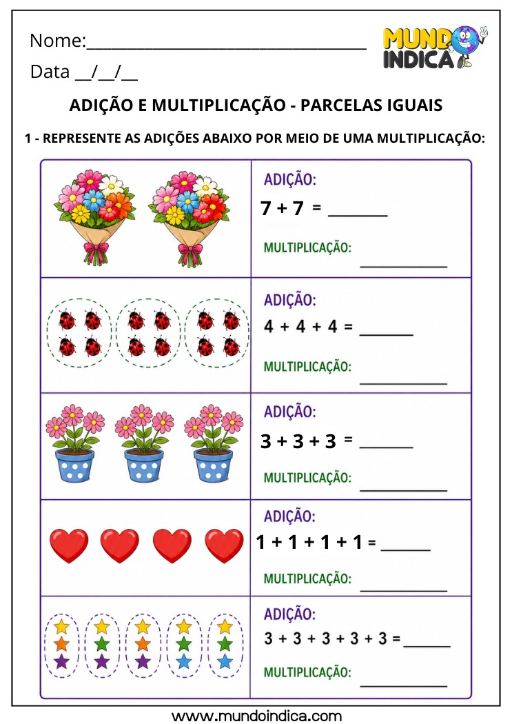 Atividade de Matemática 4º Ano com Adição e Multiplicação para Transformar em Parcelas Iguais